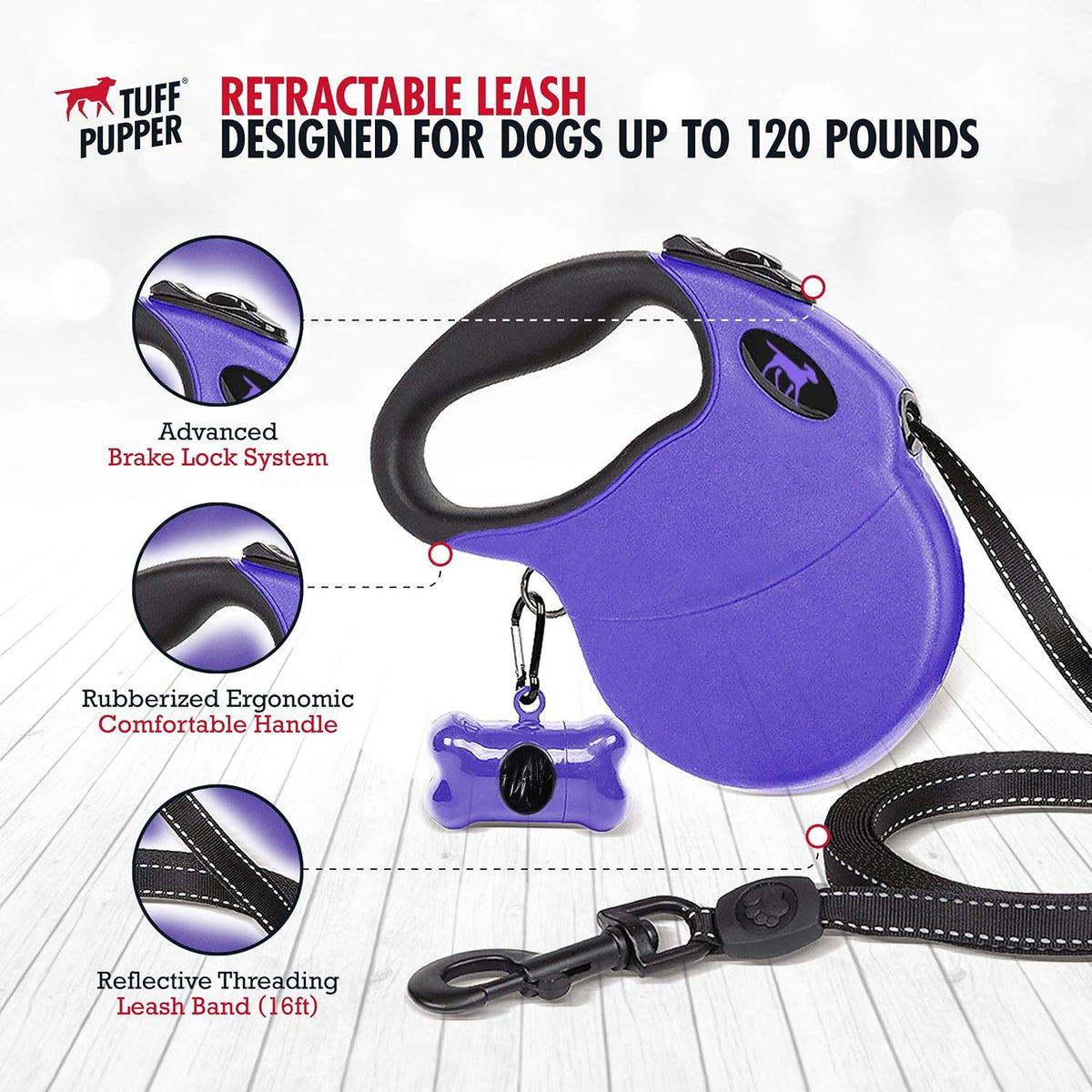Heavy Duty Retractable Dog Leash | 16 ft Dog Leash with Reflective Stitching for Nighttime Safety | One Button Lock