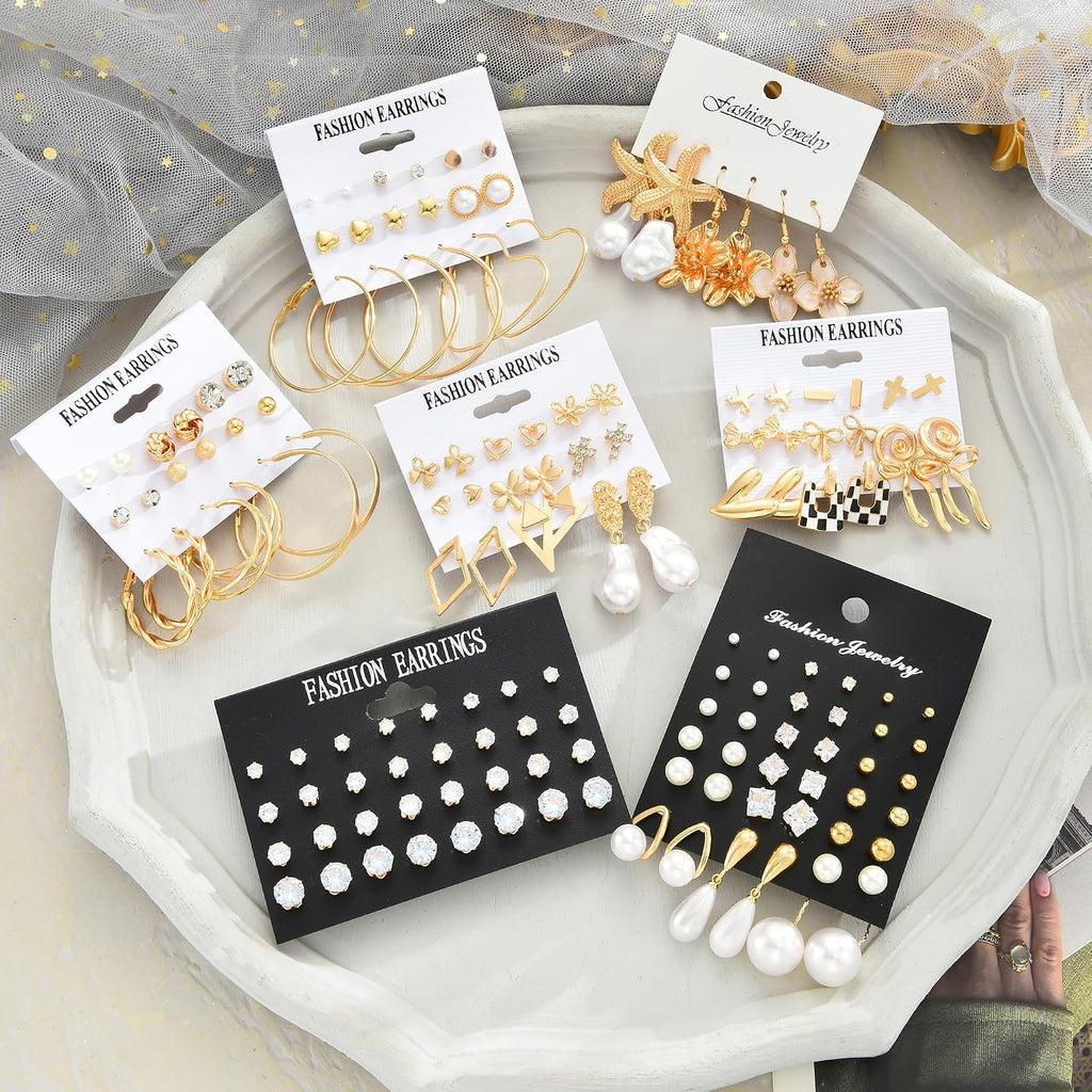 84 Pairs Gold Stud Earrings Set for Women Multipack, Fashion Pearl Cubic Zirconia Butterfly Earrings Packs Piercings