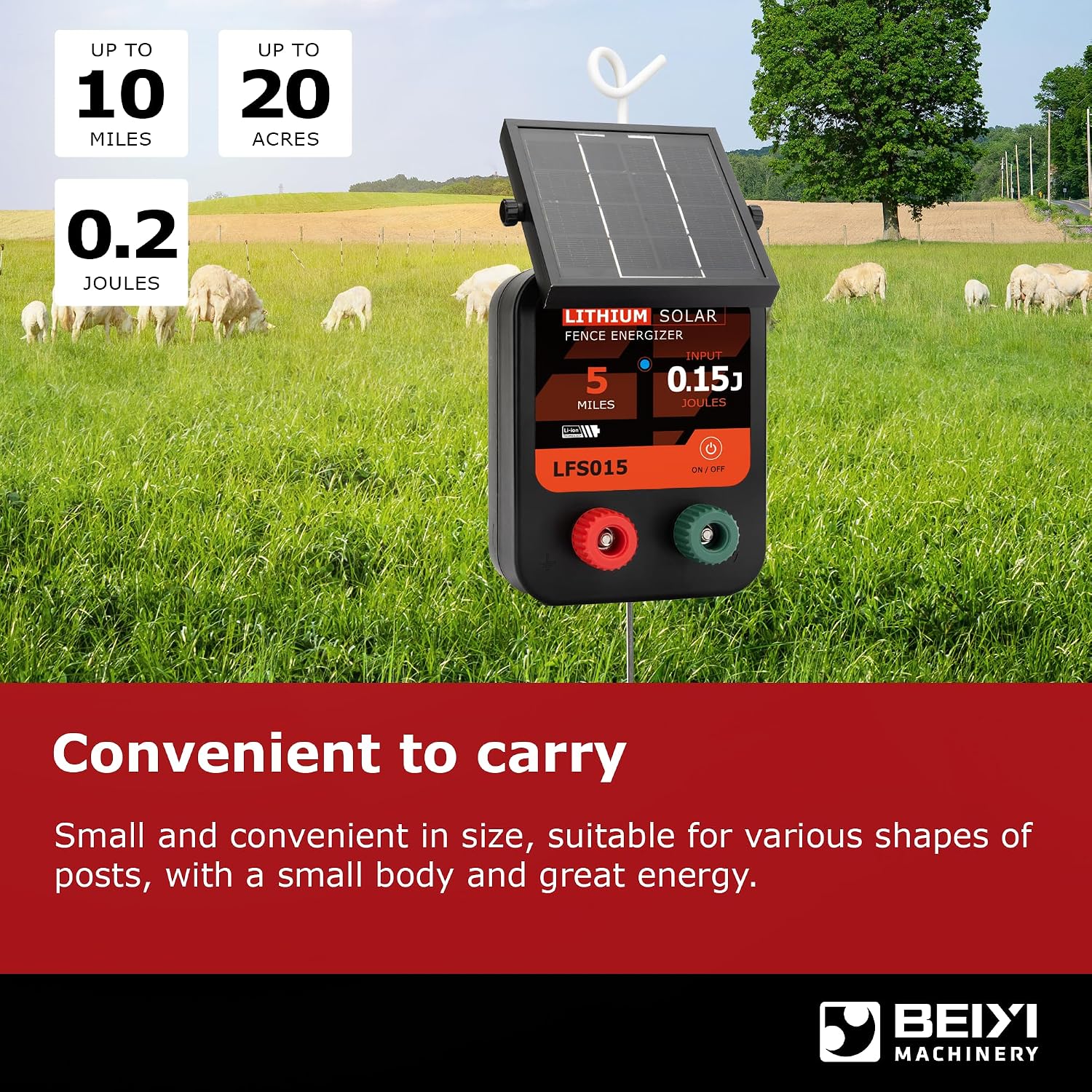 Solar Electric Fence Charger 5 Miles Range 20 Acres 0.15 Joules Energizer