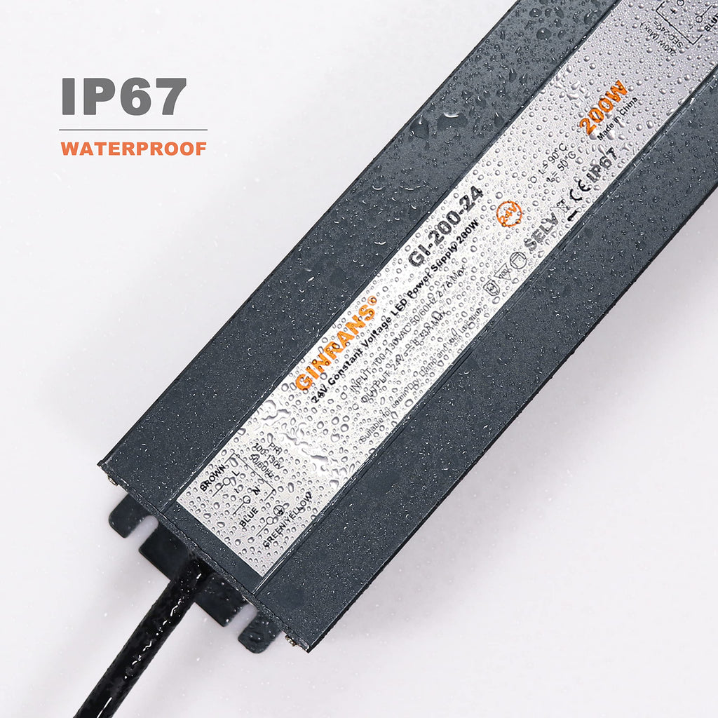 200W IP67 Waterproof Constant Voltage LED Driver Power Supply Transformer, 100-130V AC Universal Input with Plug