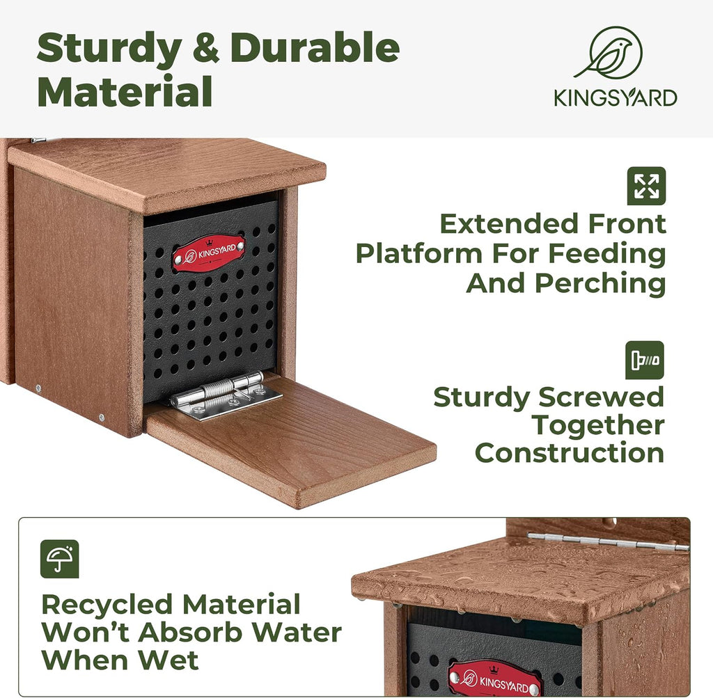 Squirrel Feeder Box for Outside, Recycled Plastic Squirrel Feeder with Removable Metal Front Panel & Perch, Easy to