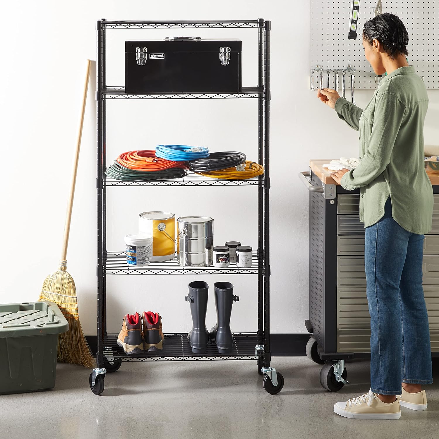5-Shelf Heavy Duty Garage Shelving Storage Rack with 4" Wheel Casters, Adjustable Metal Wire Organizer, 300 lbs Per