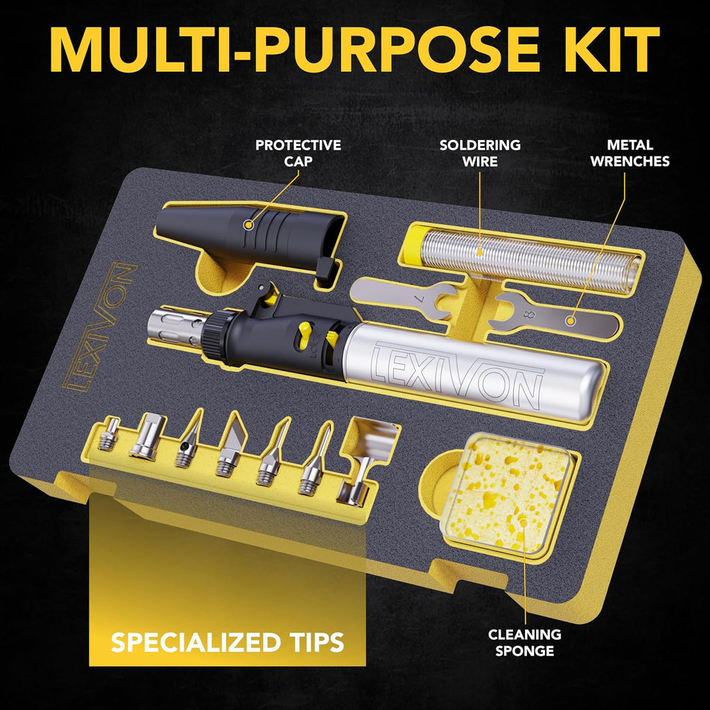 Butane Soldering Iron Multi-Purpose Kit | Cordless Self-Igniting Adjustable Flame 7-Tip Set | Pro Grade 125-Watt