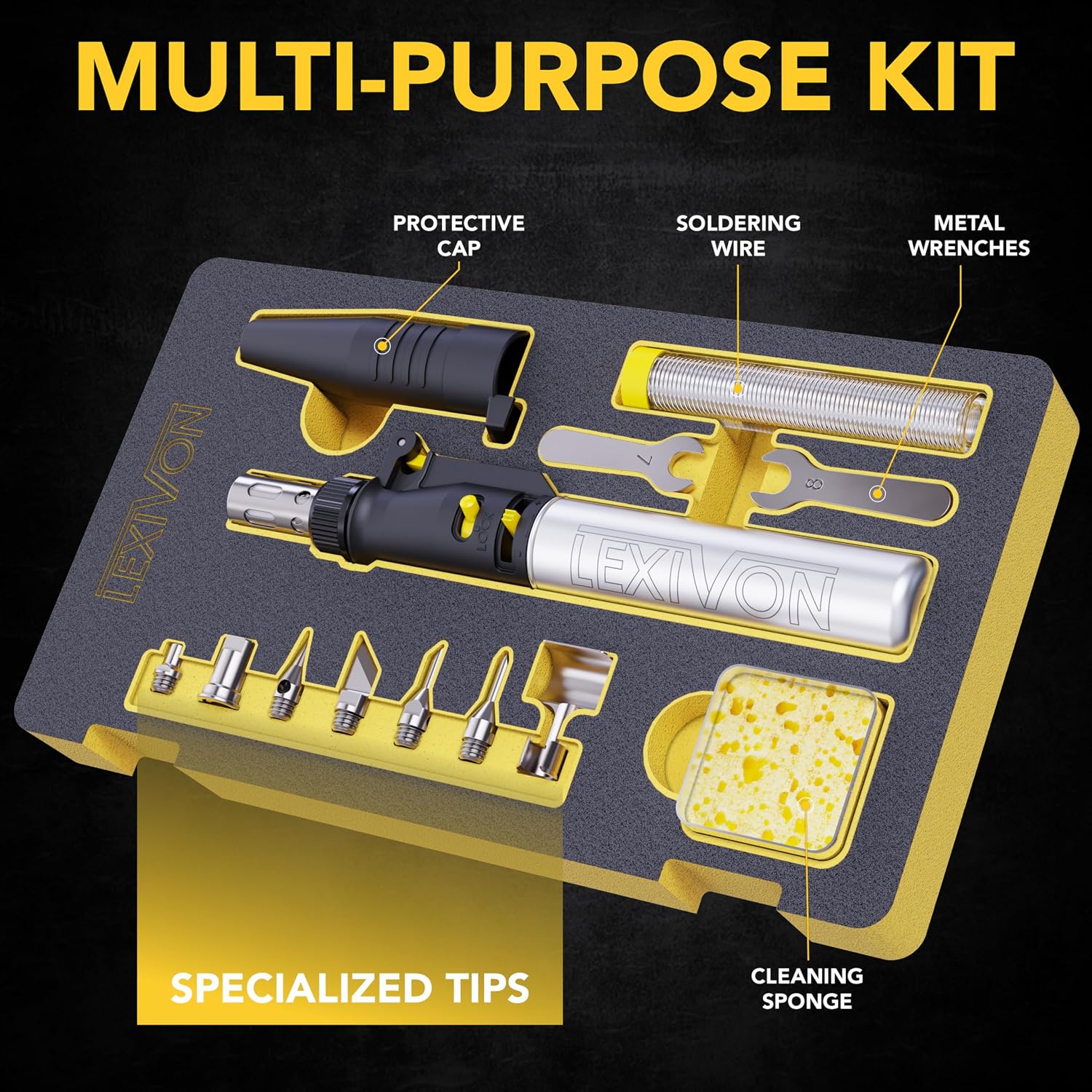 Butane Soldering Iron Multi-Purpose Kit | Cordless Self-Igniting Adjustable Flame 7-Tip Set | Pro Grade 125-Watt