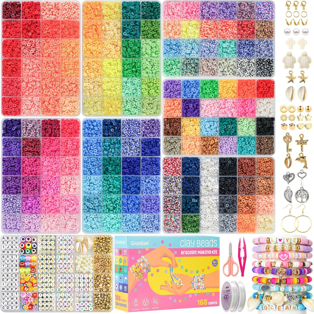30,000 Pcs Clay Beads Bracelet Making Kit, 168 Colors 8 Boxes Flat Preppy Beads for Friendship Bracelets, Jewelry Kit