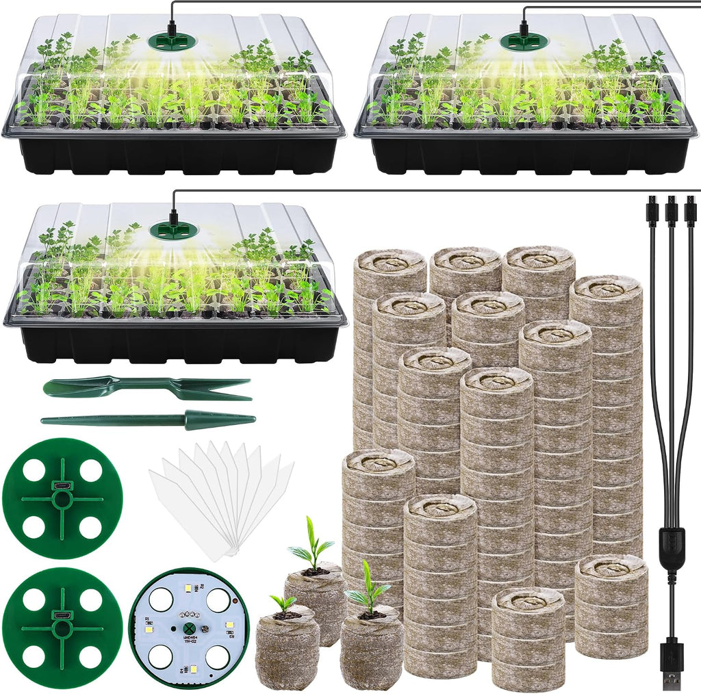 3 Pack Seed Starter Tray Kit with Grow Light Germination Trays with Humidity Dome, 120 Peat Pellets, Gardening Tools