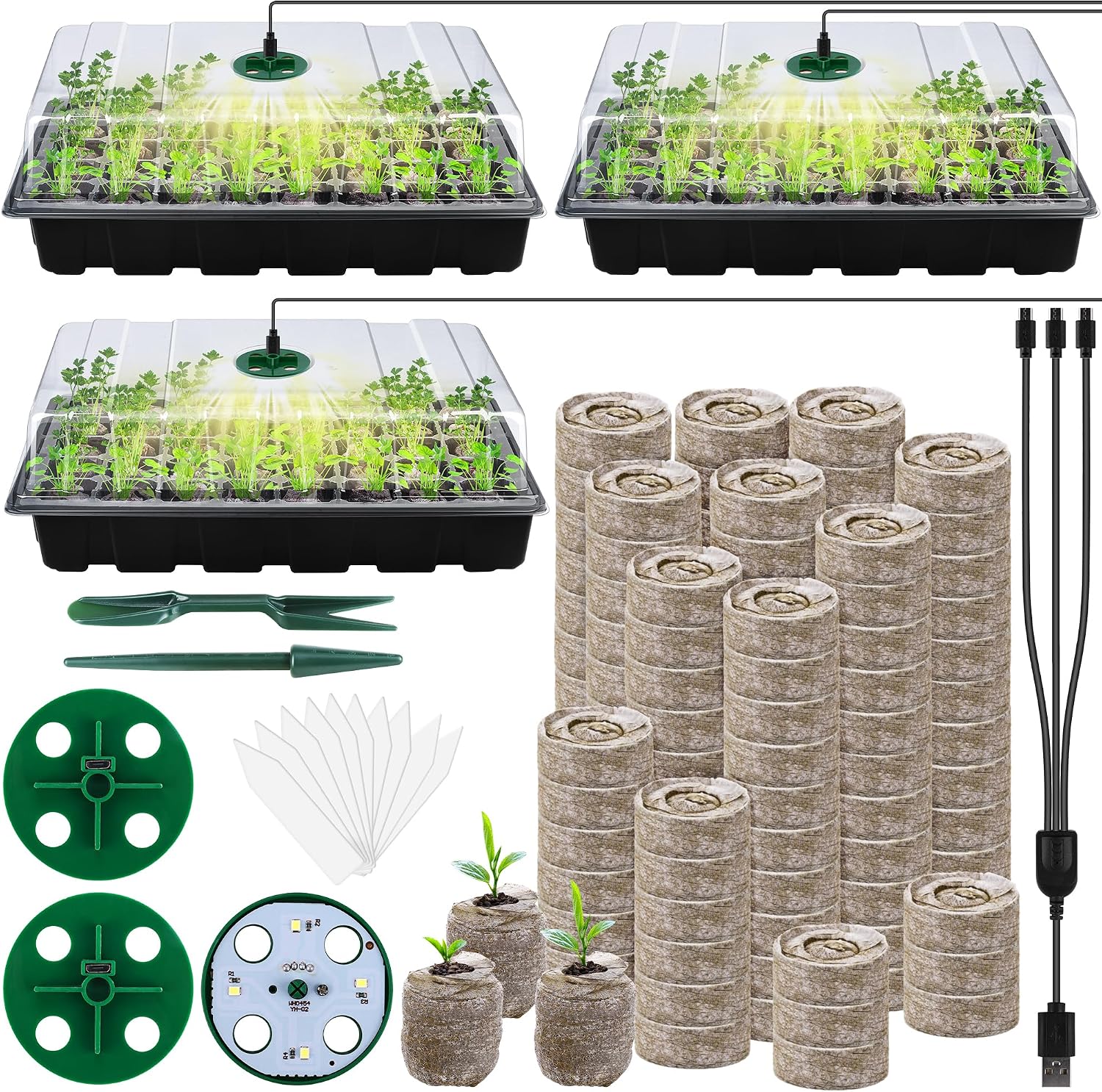 3 Pack Seed Starter Tray Kit with Grow Light Germination Trays with Humidity Dome, 120 Peat Pellets, Gardening Tools