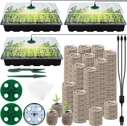 3 Pack Seed Starter Tray Kit with Grow Light Germination Trays with Humidity Dome, 120 Peat Pellets, Gardening Tools