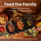 Triple Slow Cooker & Food Warmer, Three Crock Slowcooker with 2.5 Qt. Ceramic Crocks, 7.5-Quart Total Capacity