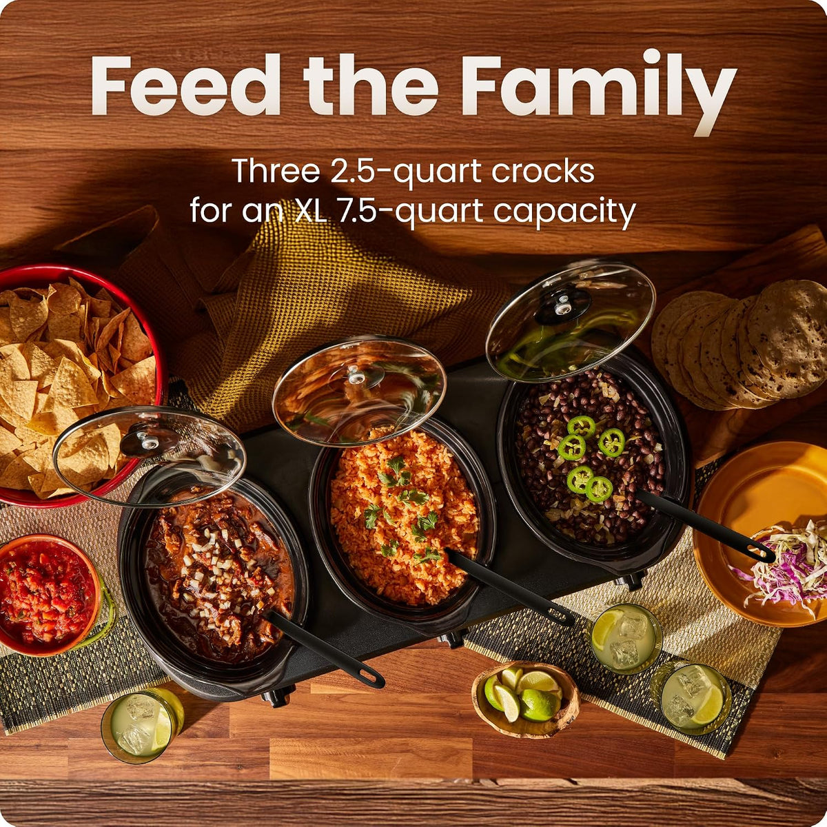 Triple Slow Cooker & Food Warmer, Three Crock Slowcooker with 2.5 Qt. Ceramic Crocks, 7.5-Quart Total Capacity