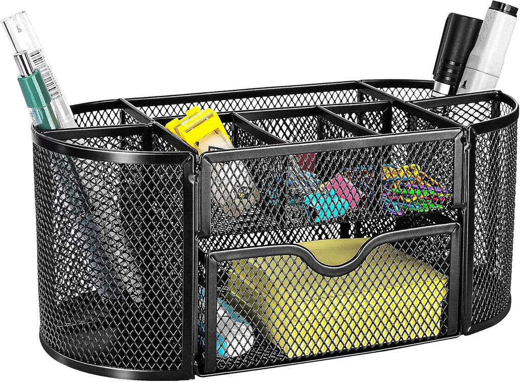 Mesh Desk Organizer with Pen Holder, Pullout Drawer and Office Caddy Storage, 9.25" x 4.53" x 3.94", Black