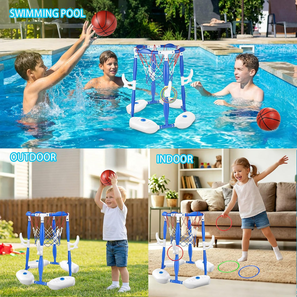 Pool Basketball Hoop, 2-in-1 Floating Basketball Hoop & Ring Games with 4 Balls 12 Rings and Pump, Outdoor Family