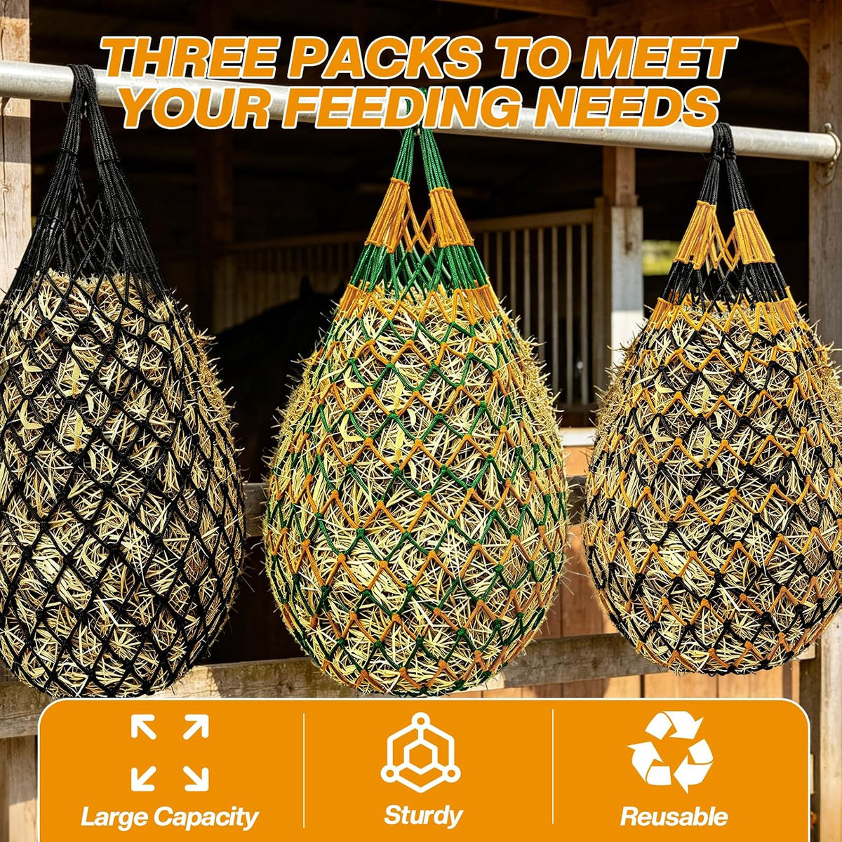 Hay Nets for Horses, 3-Pack Large-Capacity Hay Net for Horses Goats & Sheep