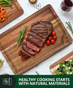 Wooden Cutting Boards for Kitchen Meal Prep & Serving - Bamboo Wood Serving Board Set with Deep Juice Groove Side