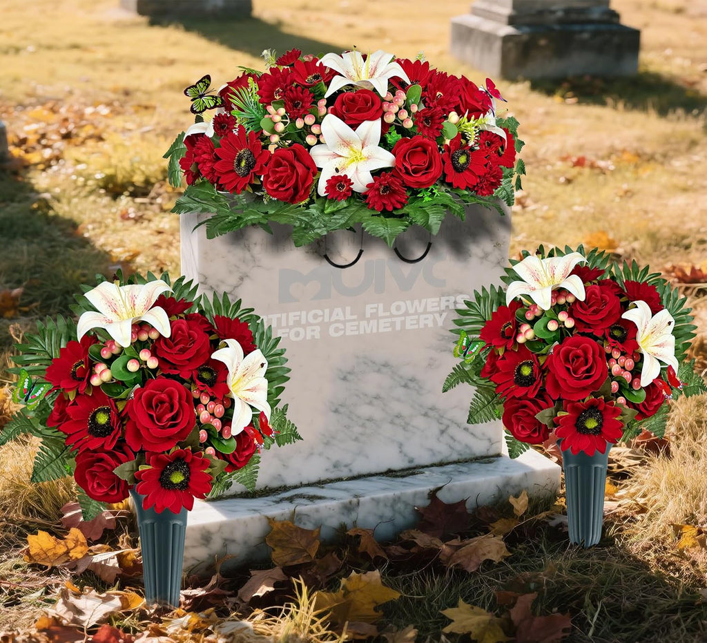 Artificial Cemetery Flower Bouquets and Headstone Flower Saddle for Grave,Three-Piece Set:Rose,Sunflower Rose