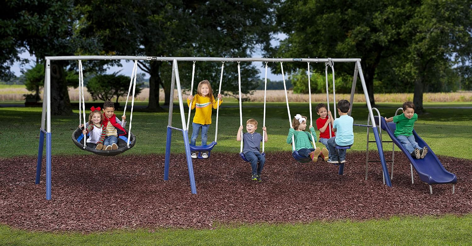 Fun Forever Swing Set with 6' Wave Slide - 8 User / 6 Station Easy Assembly Galvanized Metal Backyard Play Kids Swing