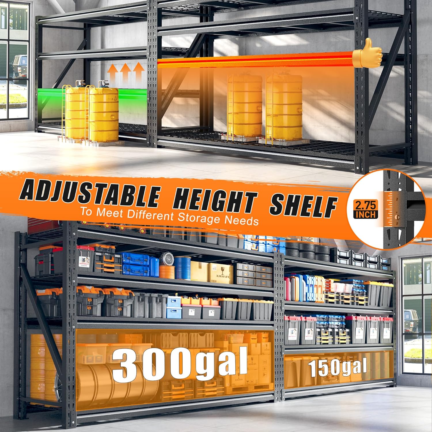 5080LBS Heavy Duty Garage Shelving, 68.2''W Large Metal Storage Shelves with Steel Industrial Structure, Adjustable