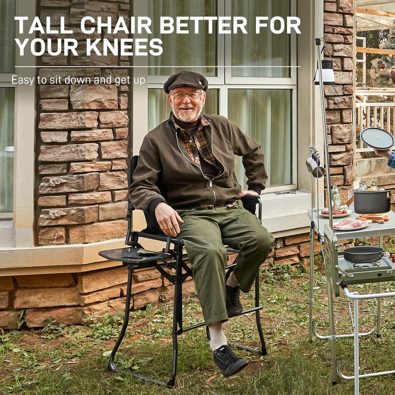 Portable 30.7" Seat Height Tall Folding Camping Chair Directors Chair High Foldable Bar Stool with Side Table for