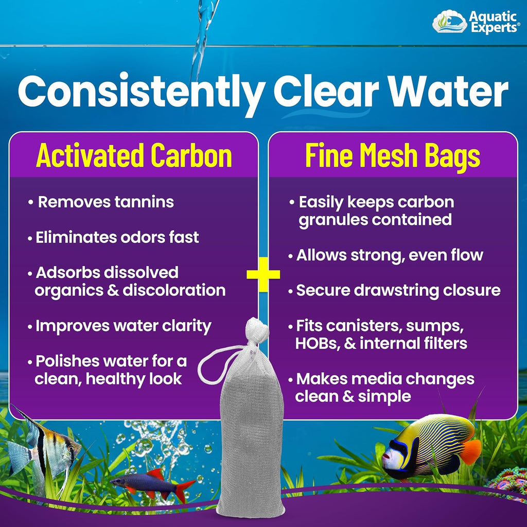 Premium Activated Carbon for Aquariums – 3 lbs Bulk Granulated Charcoal + Four 3" x 8" Fine Mesh Filter Bags