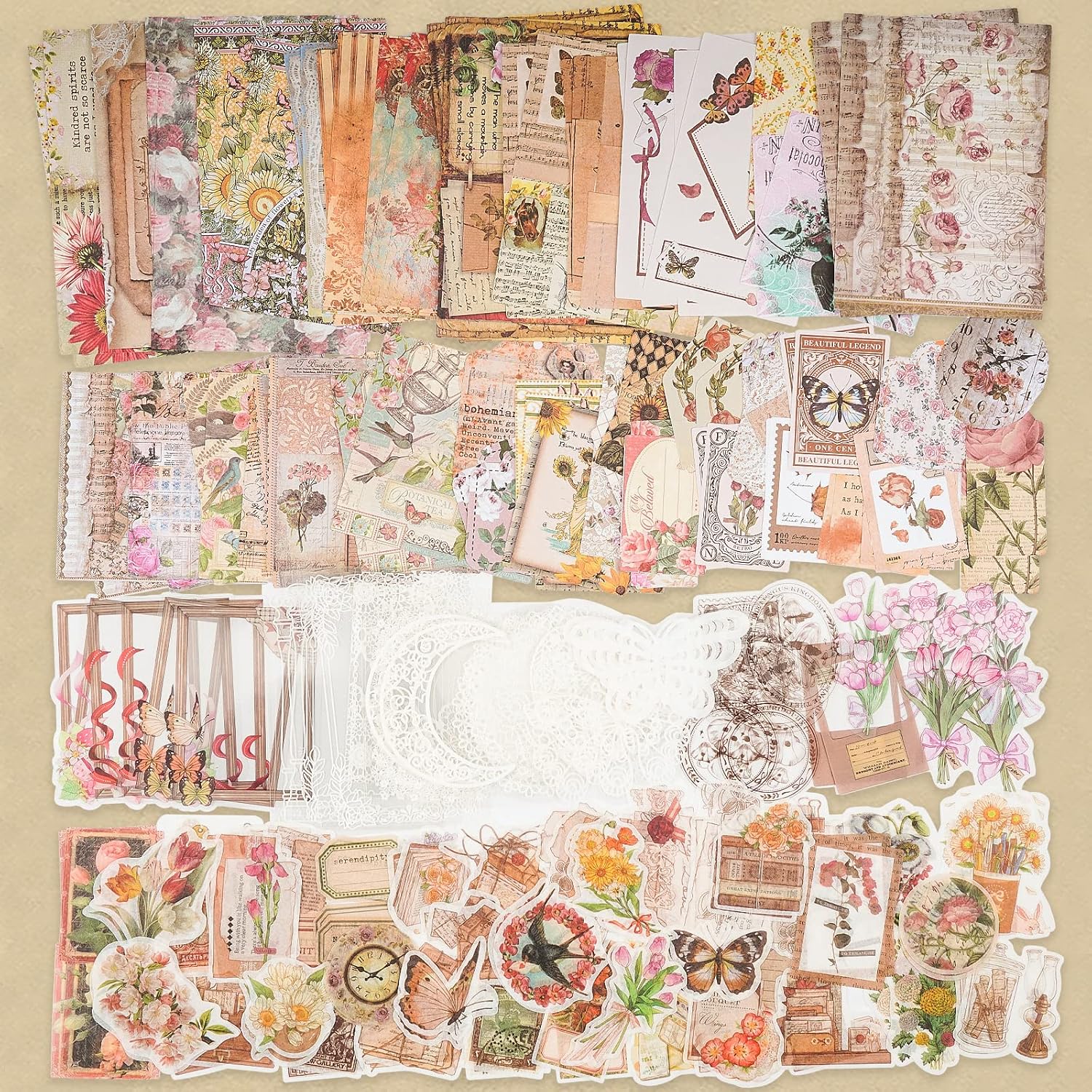 200 Piece Vintage Ephemera Bundle - Paper & Sticker Kit for Junk Journaling, Scrapbooking, Planners, Bullet Journals