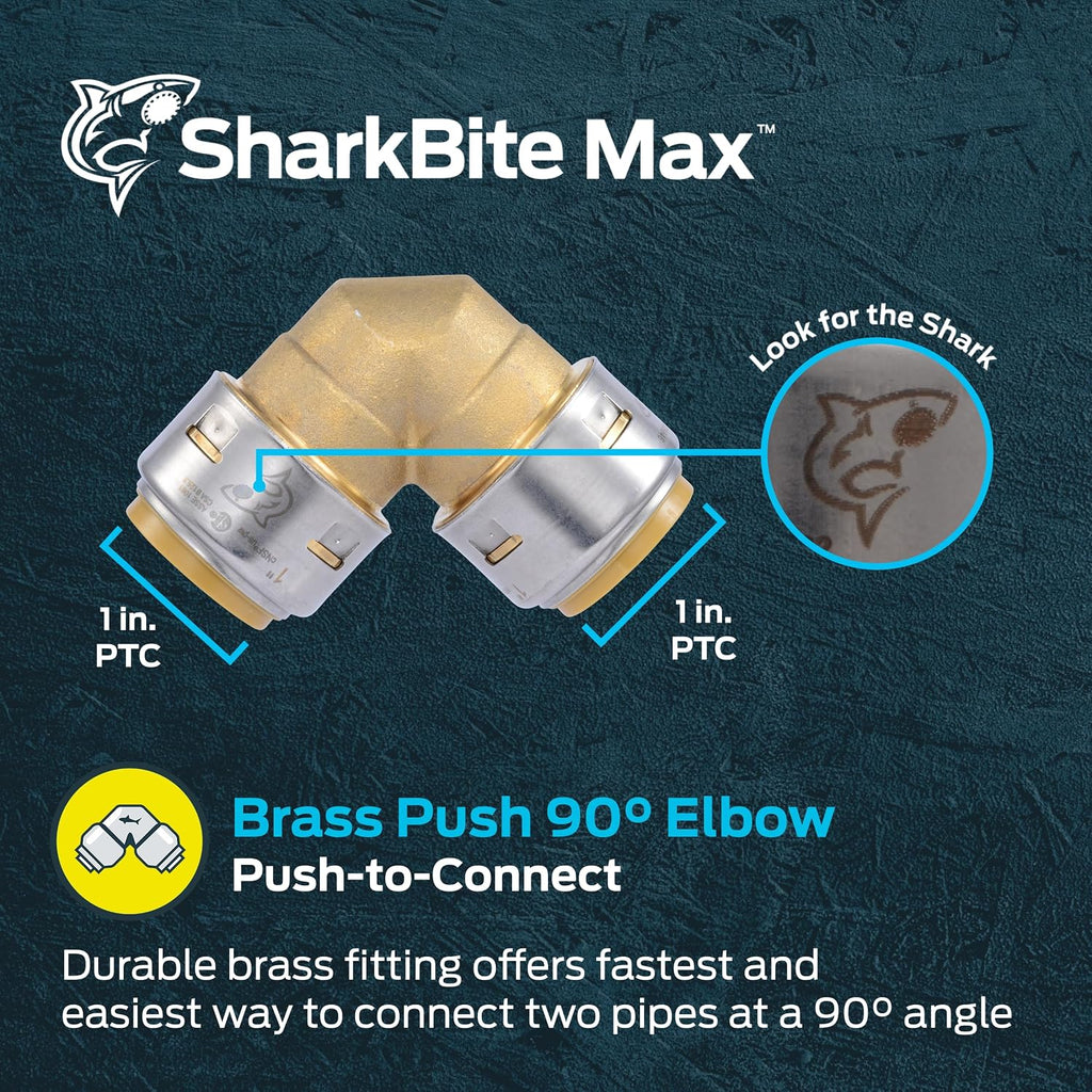 SharkBite Max 1 x 1 in PTC 90-Degree Elbow, Push-to-Connect Brass Plumbing Fitting, UR260A