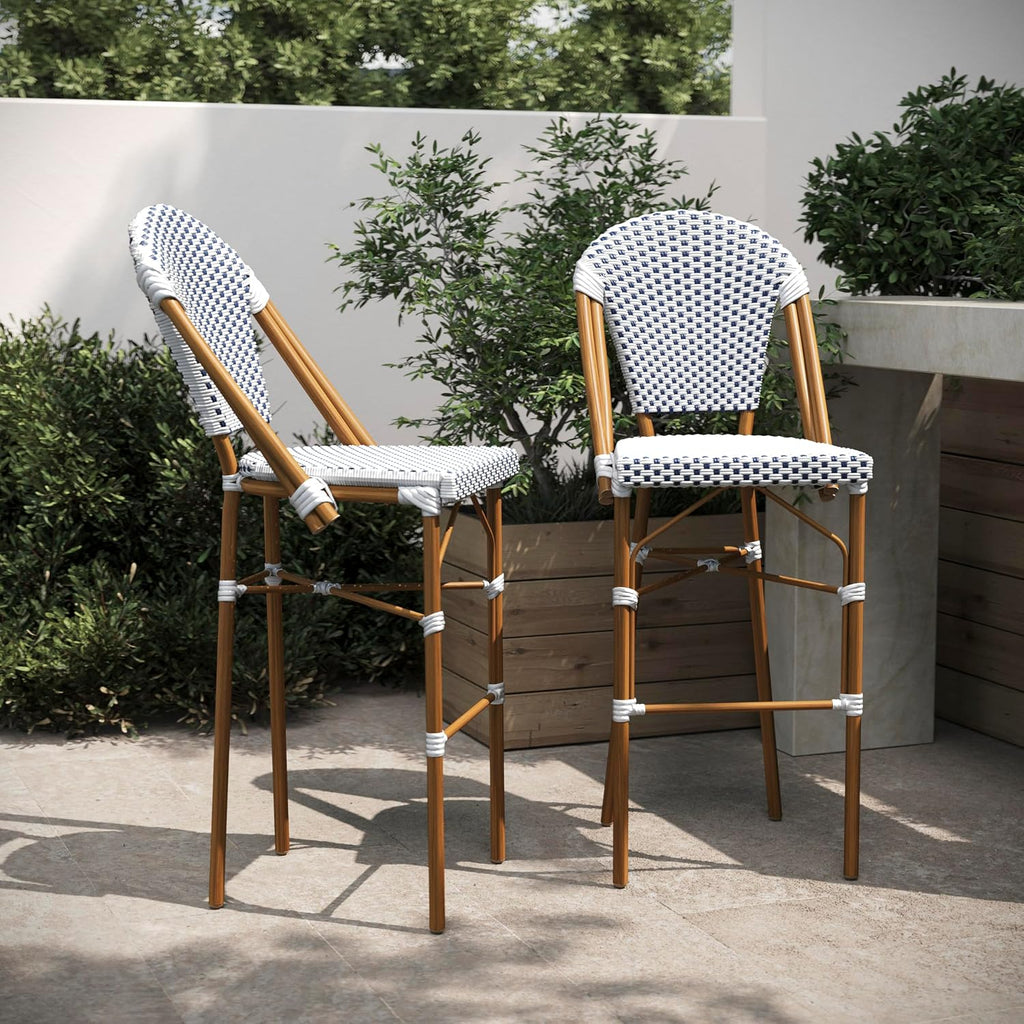 30 in Indoor/Outdoor Barstool, White/Navy, 2-Pack