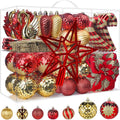 128pcs Christmas Balls Ornaments Set, Red and Gold | Shatterproof Plastic Baubles Christmas Flowers, Tree Topper &
