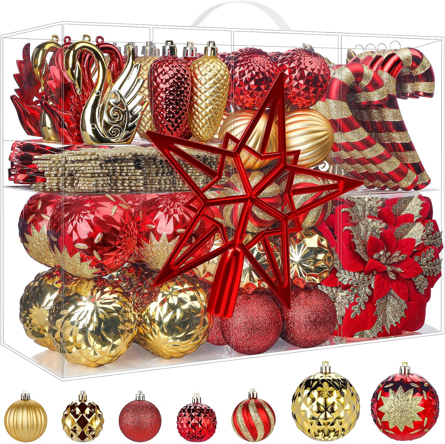 128pcs Christmas Balls Ornaments Set, Red and Gold | Shatterproof Plastic Baubles Christmas Flowers, Tree Topper &
