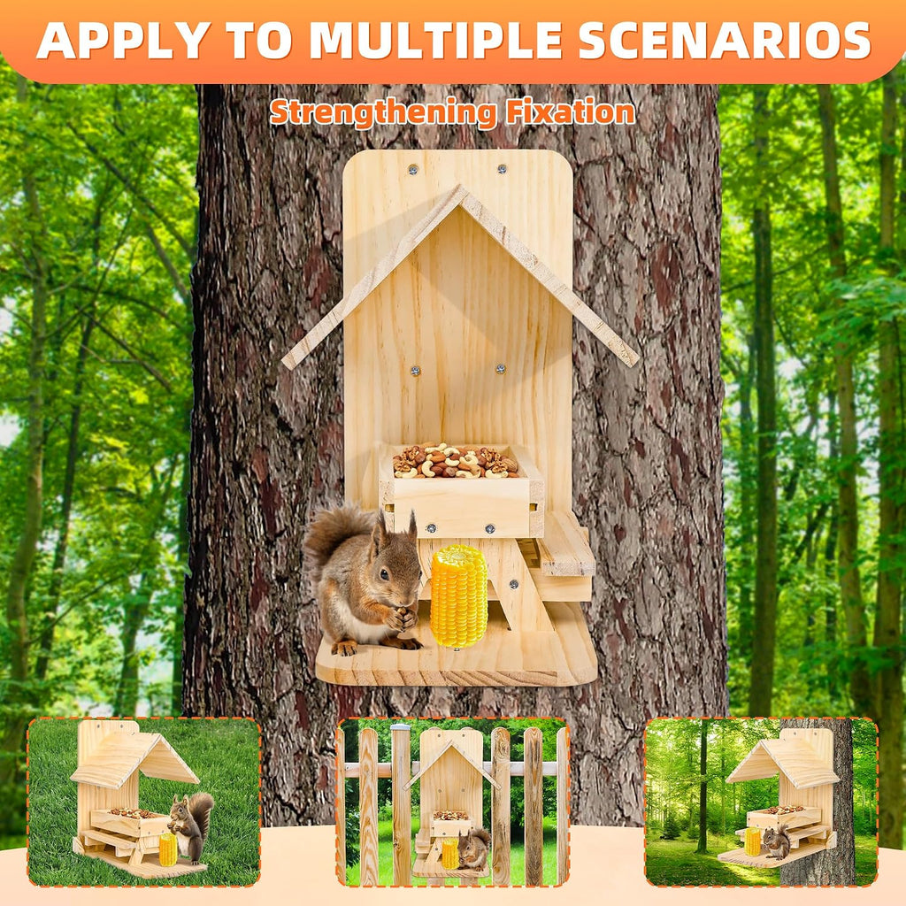 Squirrel Feeder for Outside - Wooden Picnic Table, Weatherproof Roof