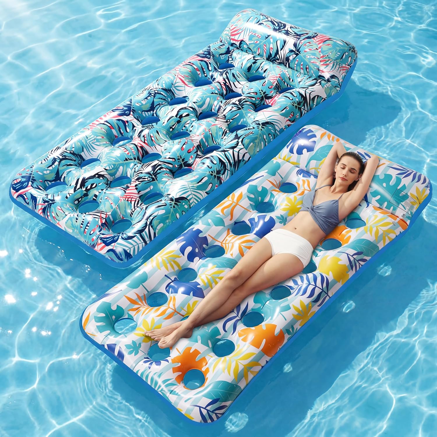 2 Pack Inflatable Pool Float Mat, Giant Pool Floats Adult Size with Headrest, Lake Float Raft Water Lounger