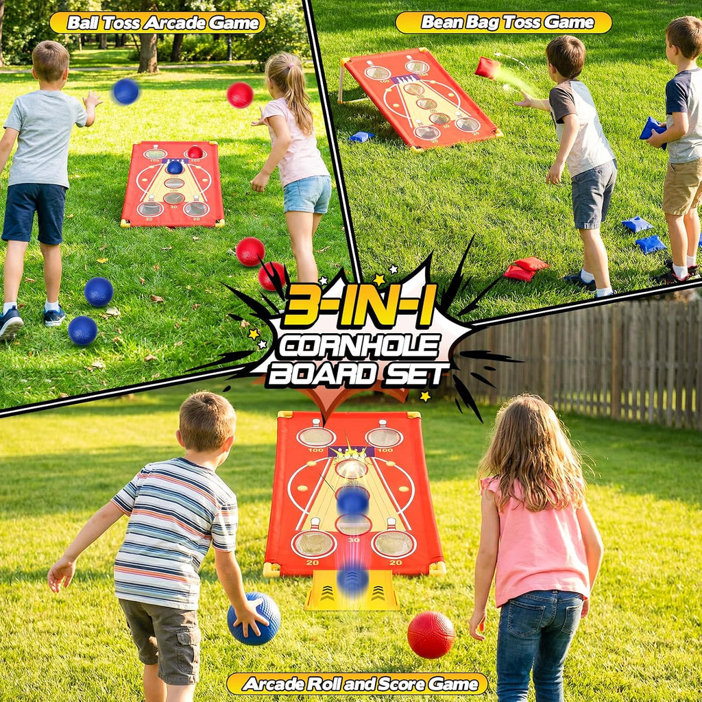 3 in 1 Cornhole Board Set Arcade Roll and Score & Bean Bag Toss & Ball Toss Game, Outdoor Carnival Party Corn Hole