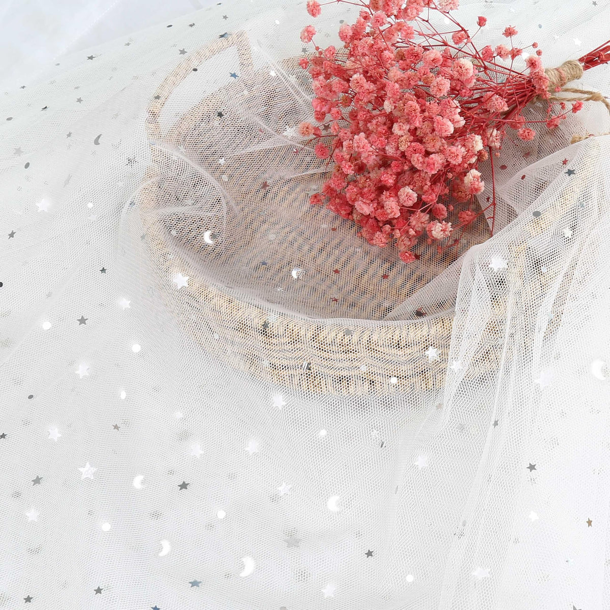1 Yard Glitter Tulle, Star Moon Sequin, 54" Wide White