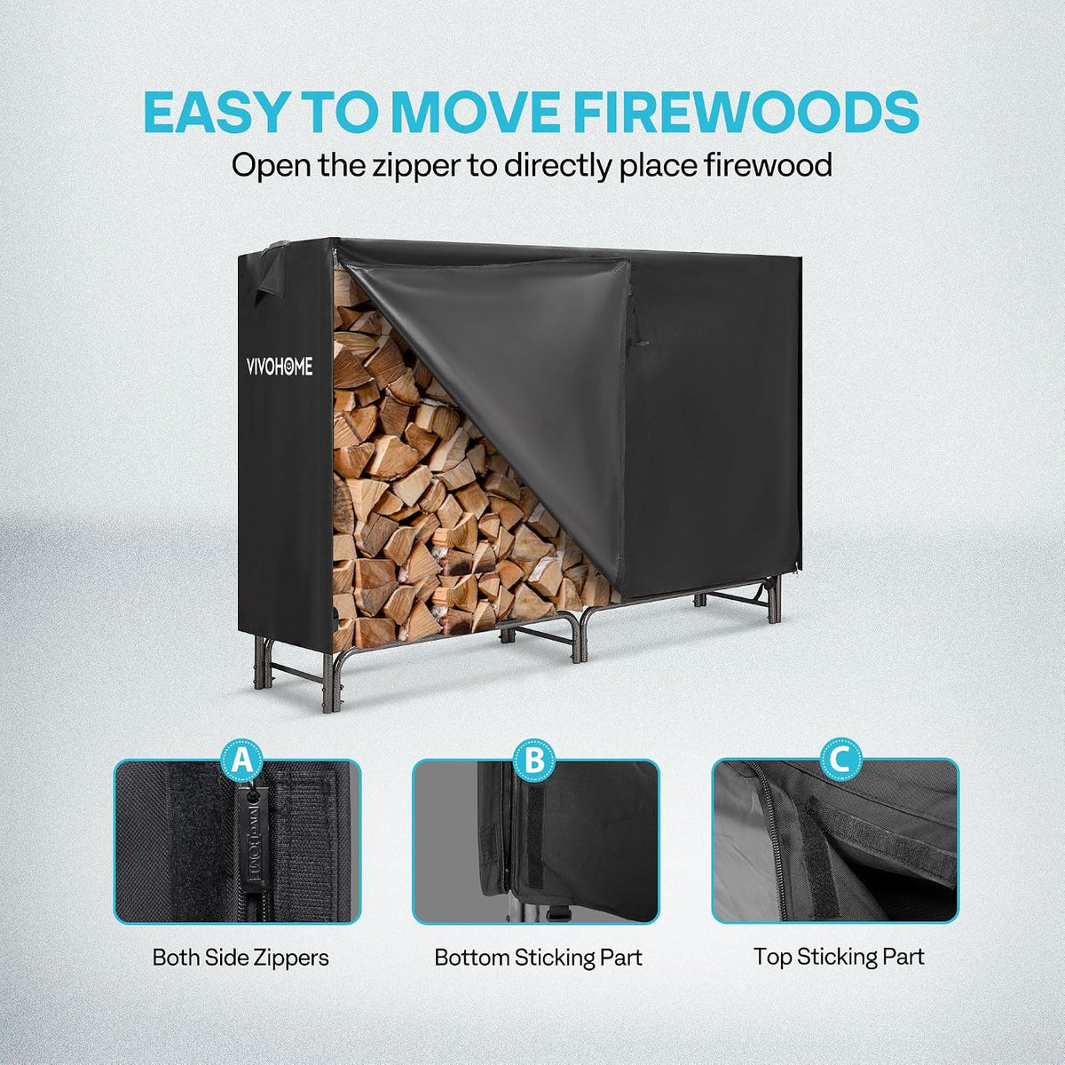 6 ft Heavy Duty Firewood Rack Outdoor with Cover, Black | Fire Wood Storage Rack, Log Holder and Cover Combo Set with
