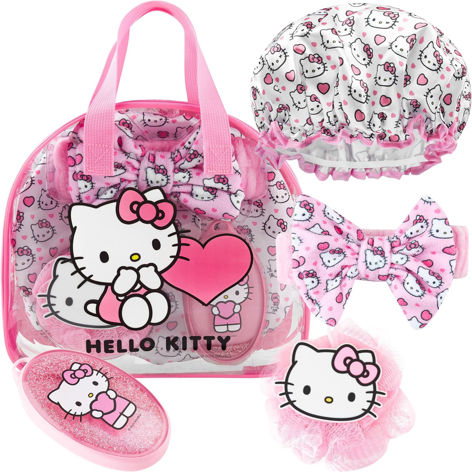 Hello Kitty Sanrio Shower Accessories Set, Kawaii Toiletry Bag with Shower Cap Headband Bath Sponge, Gifts for Girls