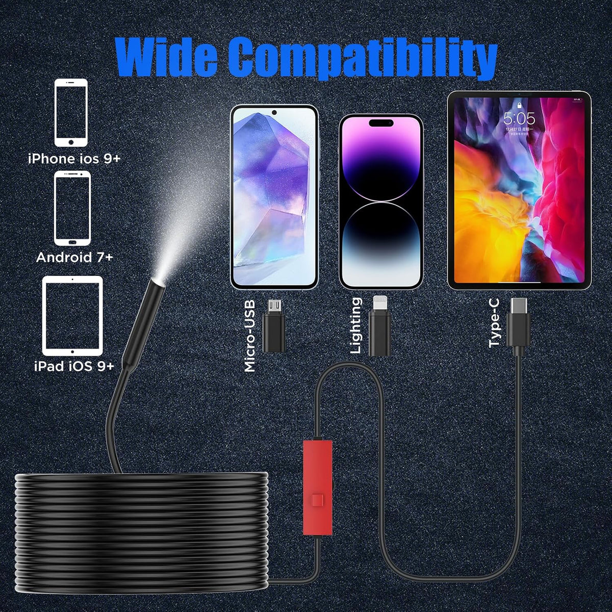 Endoscope Camera with Light, 1920P Borescope for iOS&Android, 16.4ft
