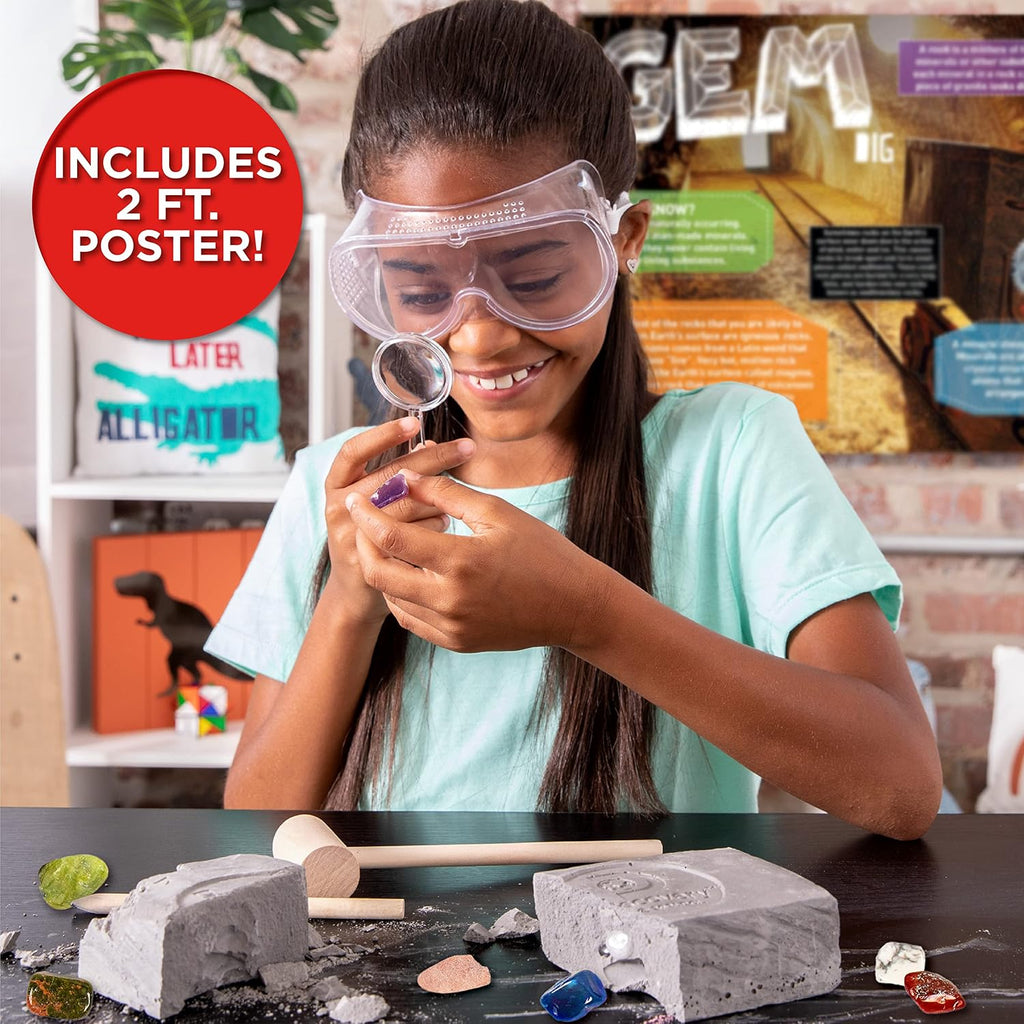Kids Gemstone Dig Stem Science Kit by Horizon Group Usa, Excavate, Dig & Reveal 11 Real Gemstones, Includes Goggles