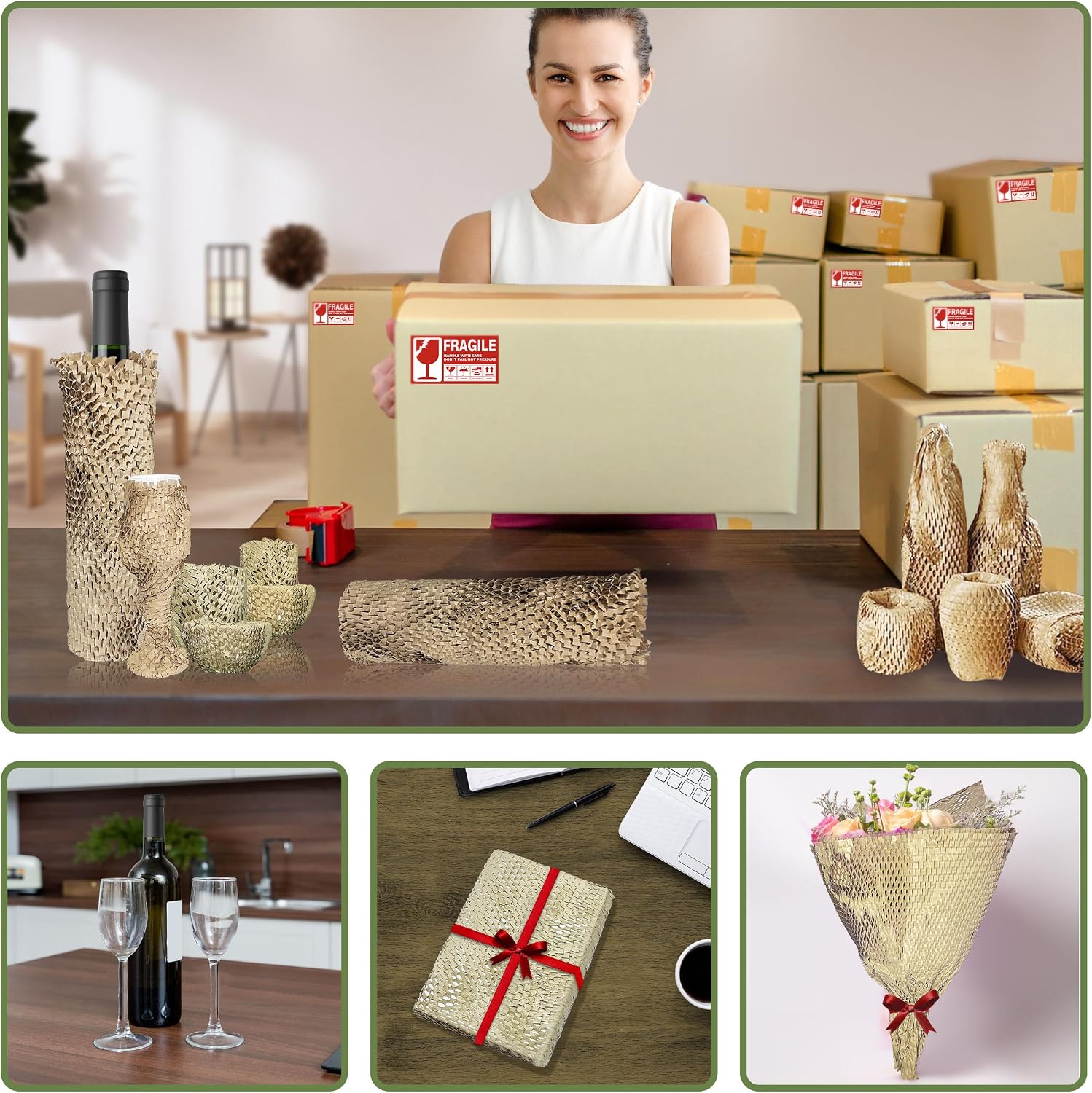 Honeycomb Packing Paper Wrap 15"x250', Substitute Alternative Bubble Wrap | Eco-Friendly Recyclable Moving Supplies