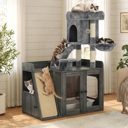 All-in-One Cat Tree with Hidden Litter Box Enclosure, Grey Wooden Cat Tower with LED Light, Sisal Scratching Board