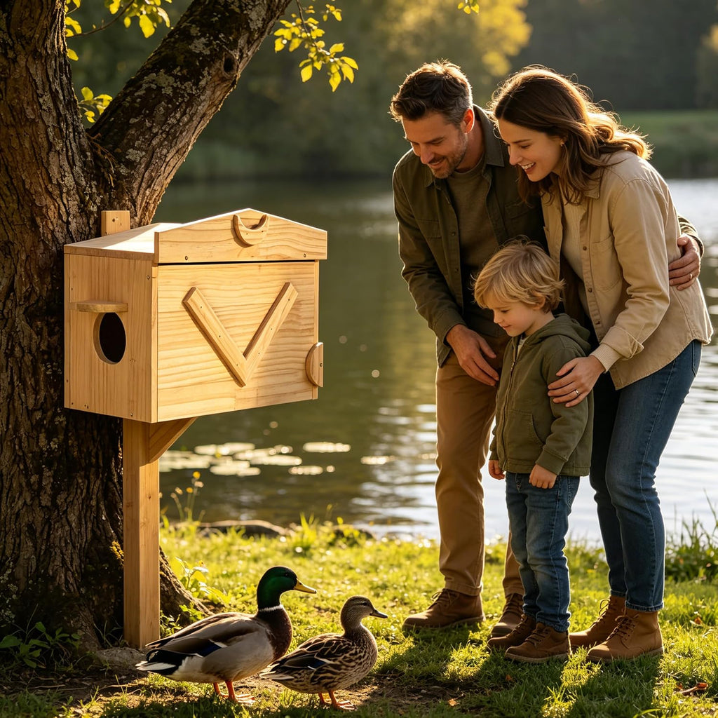 Handcrafted Solid Wood Duck House - Large Natural Outdoor Duck Nesting Box for Wood Ducks & Mergansers, Easy Pole