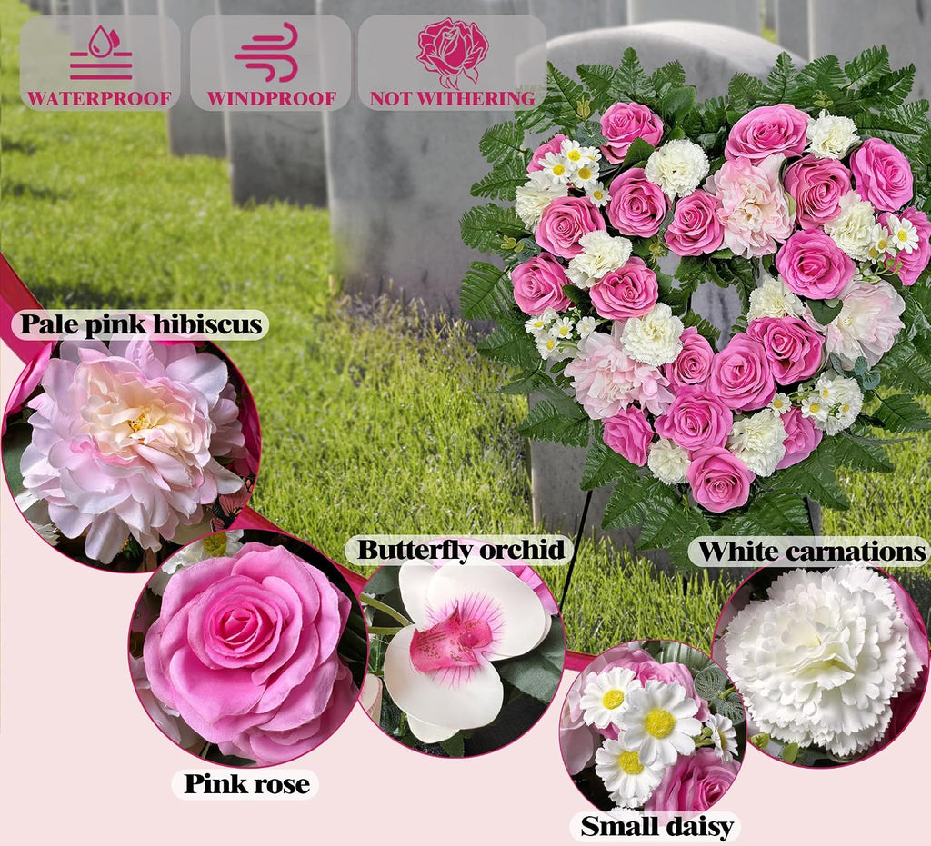 Cemetery Flower Wreaths for Grave Decorations- Elegant Remembrance Standing Heart,Memorial Floral with Easel