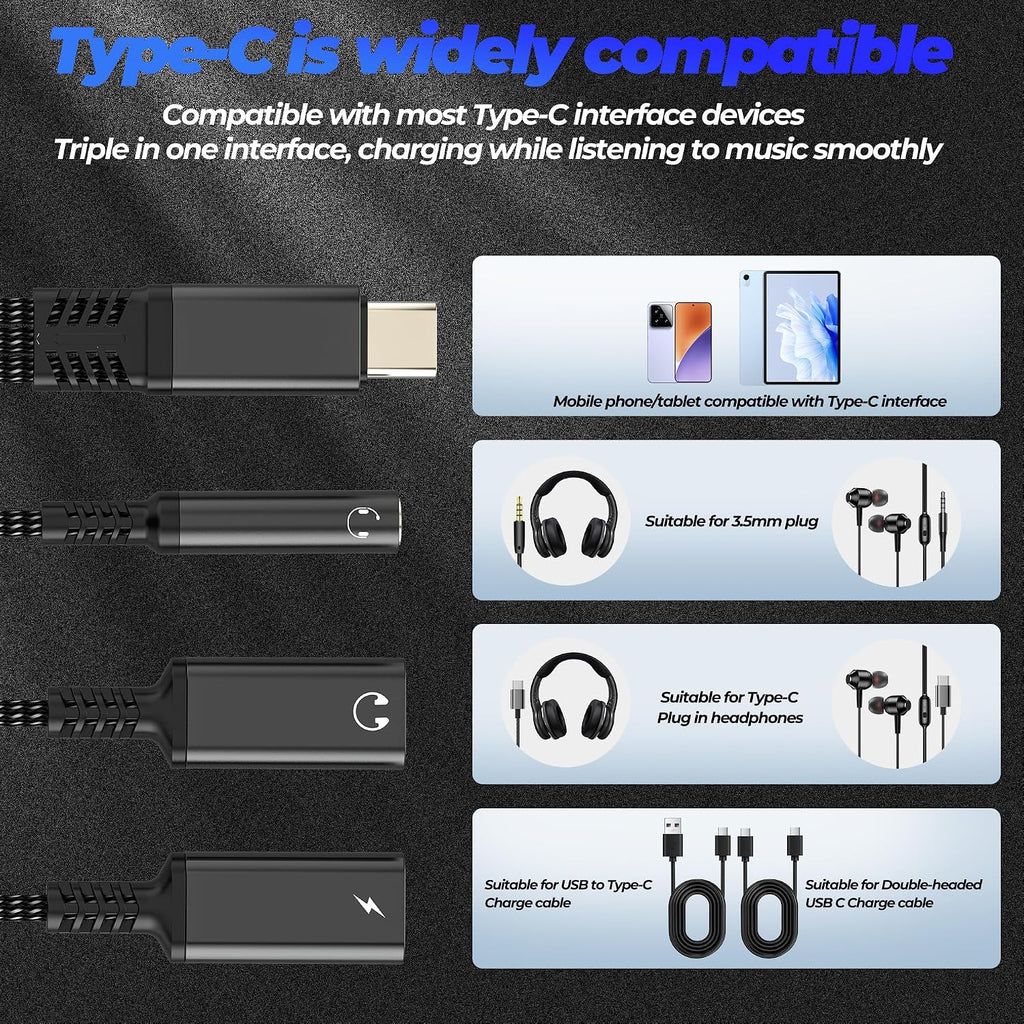Aux to USB C Adapter (3 in 1) Headphone for iPhone 17 16 15 Audio 3.5mm Jack Splitter Cable Type C for Apple Charger