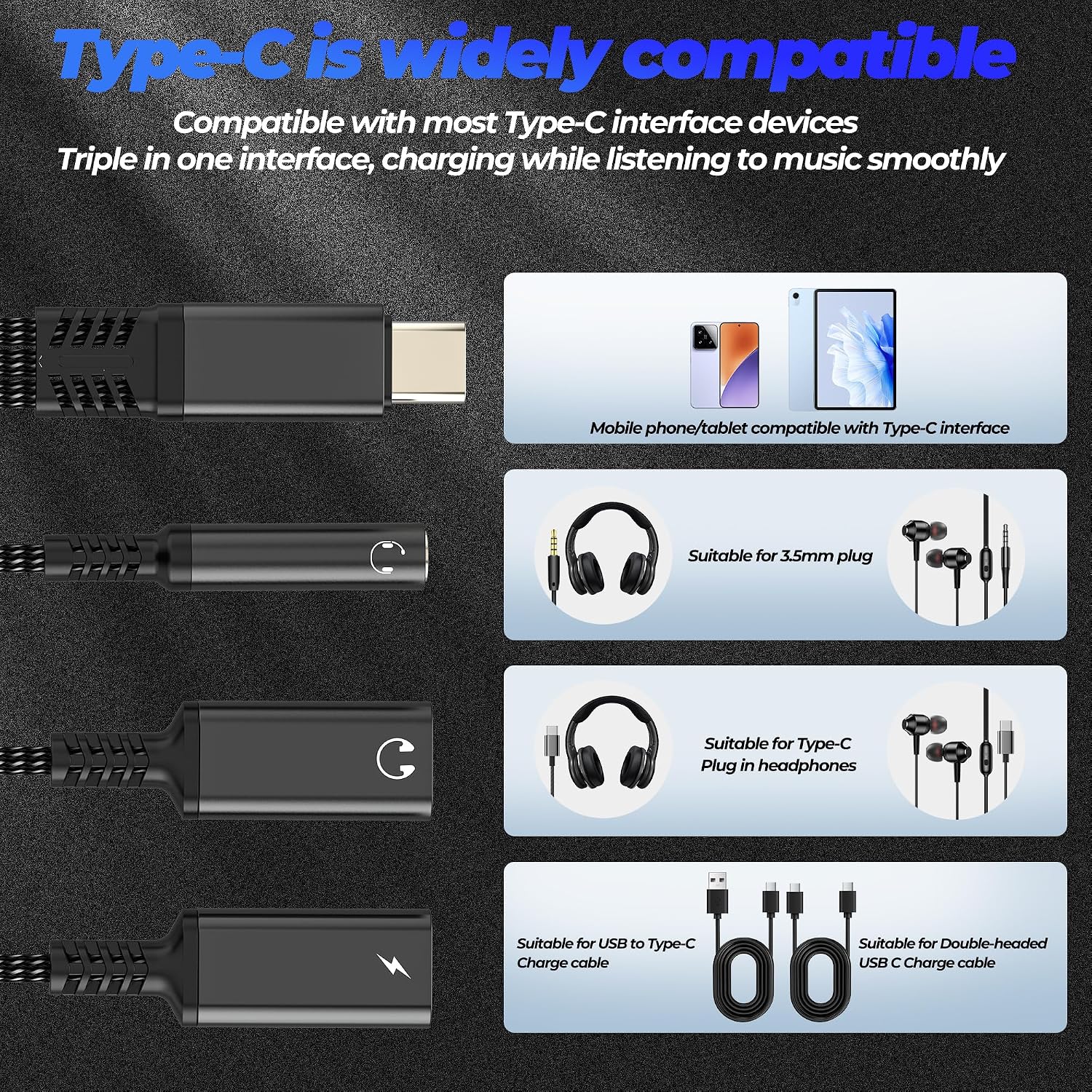 Aux to USB C Adapter (3 in 1) Headphone for iPhone 17 16 15 Audio 3.5mm Jack Splitter Cable Type C for Apple Charger