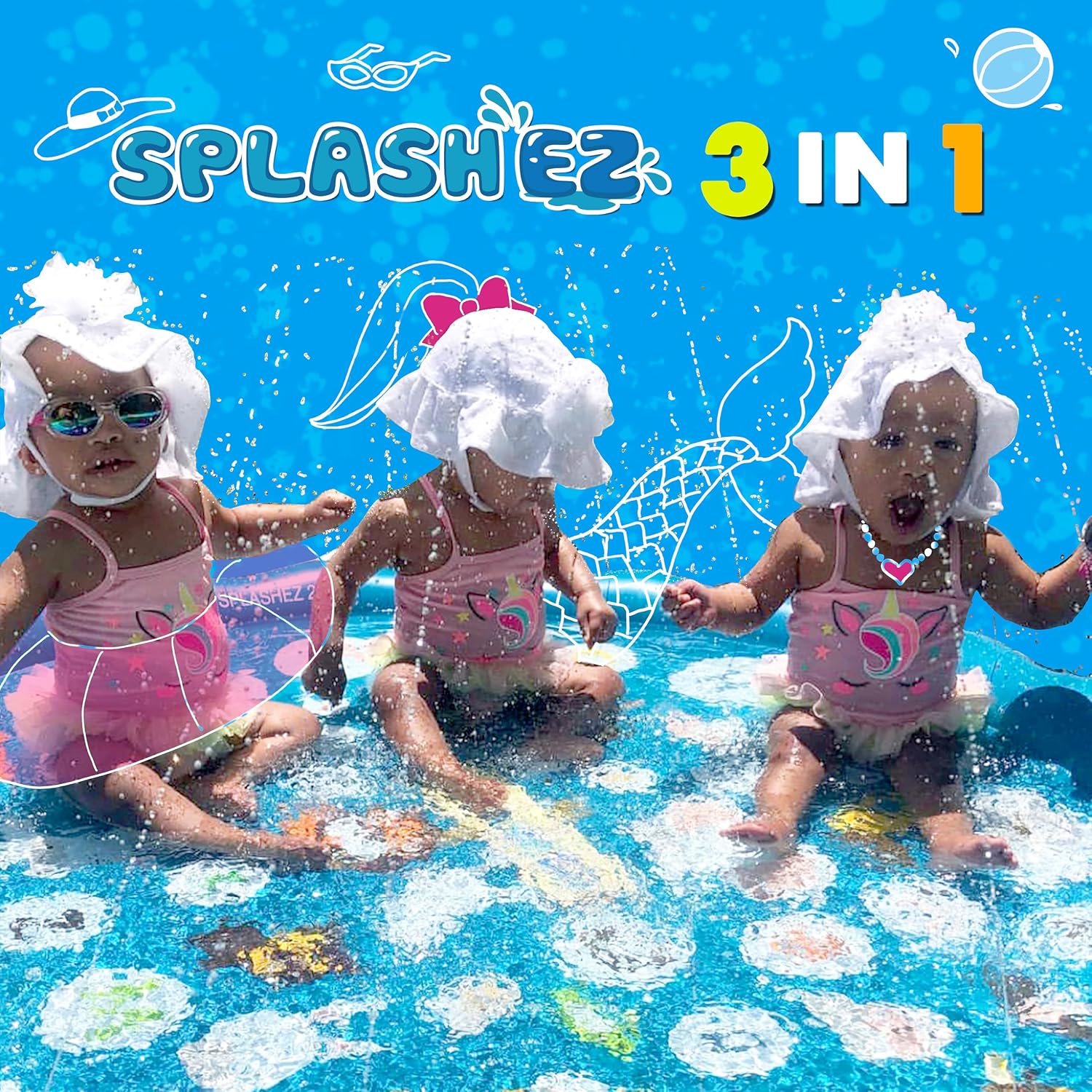 3-in-1 Splash Pad, Sprinkler for Kids & Baby Pool for Learning – Toddler Sprinkler Pool, 60’’ Outside Water Toys –