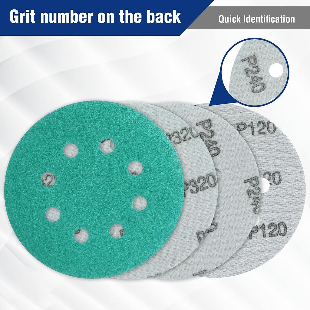 Sanding Discs Set, 5-Inch 8-Hole Hook and Loop, 150 Pack, Green | Includes 10 Grit Options from 60-600 for Random