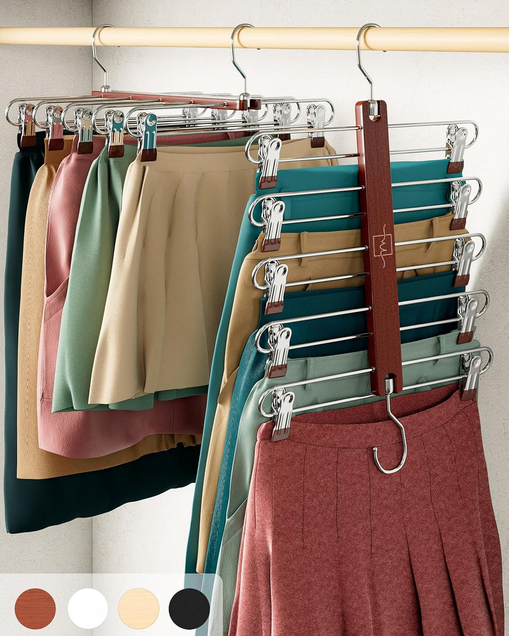 Skirt Hangers Space Saving with Clips - 2 Pack - European Beechwood 5-Tier Hanger for Shorts, Skirts, and Pants