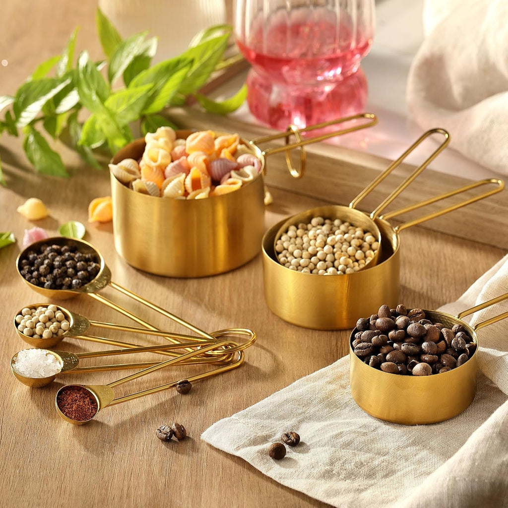 Measuring Cups and Spoons Set, Kaloo 8PCS Stainess Steel Metal Measuring Cups, Gold Finish, Ideal for Cooking and Baking