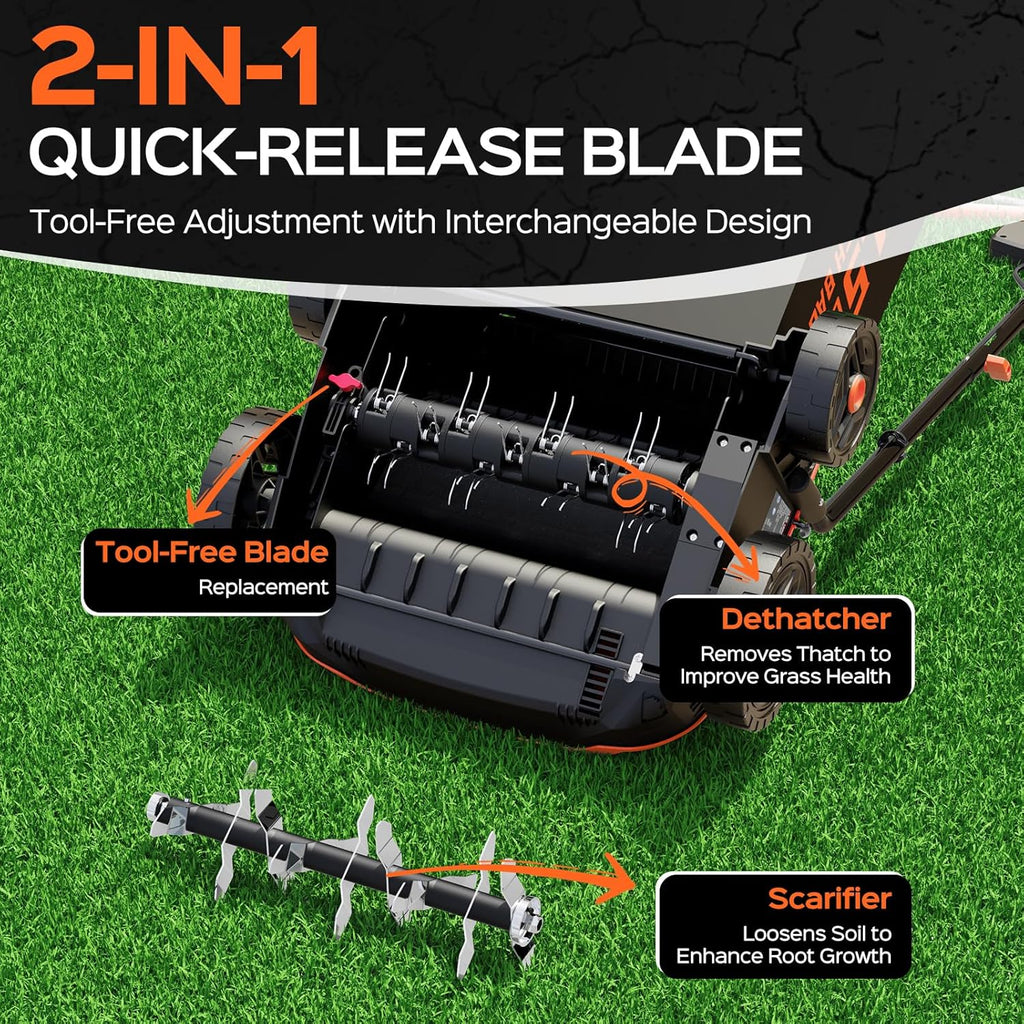 14-Inch 13.5 Amp 2-in-1 Electric Dethatcher and Scarifier with 11.5-Gallon Collection Bag, Lawn Dethatcher with