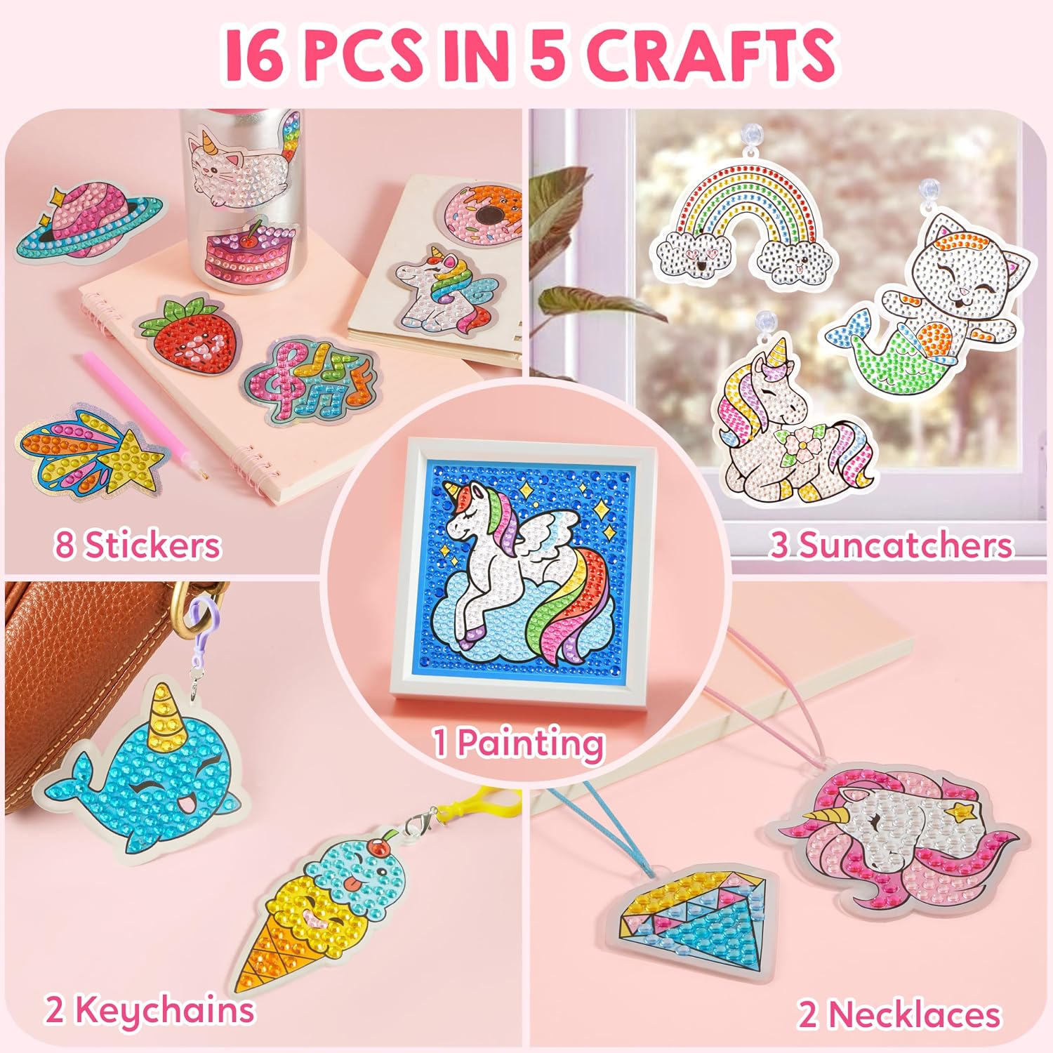16 Projects Gem Painting, Kids Diamond Art Kit for Kids with 5D Diamond, Arts and Crafts for Girls Ages 6-12, Gem