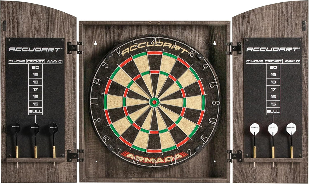 Armada Bristle Dartboard Cabinet Set – Official 18” Sisal Board, Self‑Healing Fibers, Grey Wood Cabinet, Round Spider