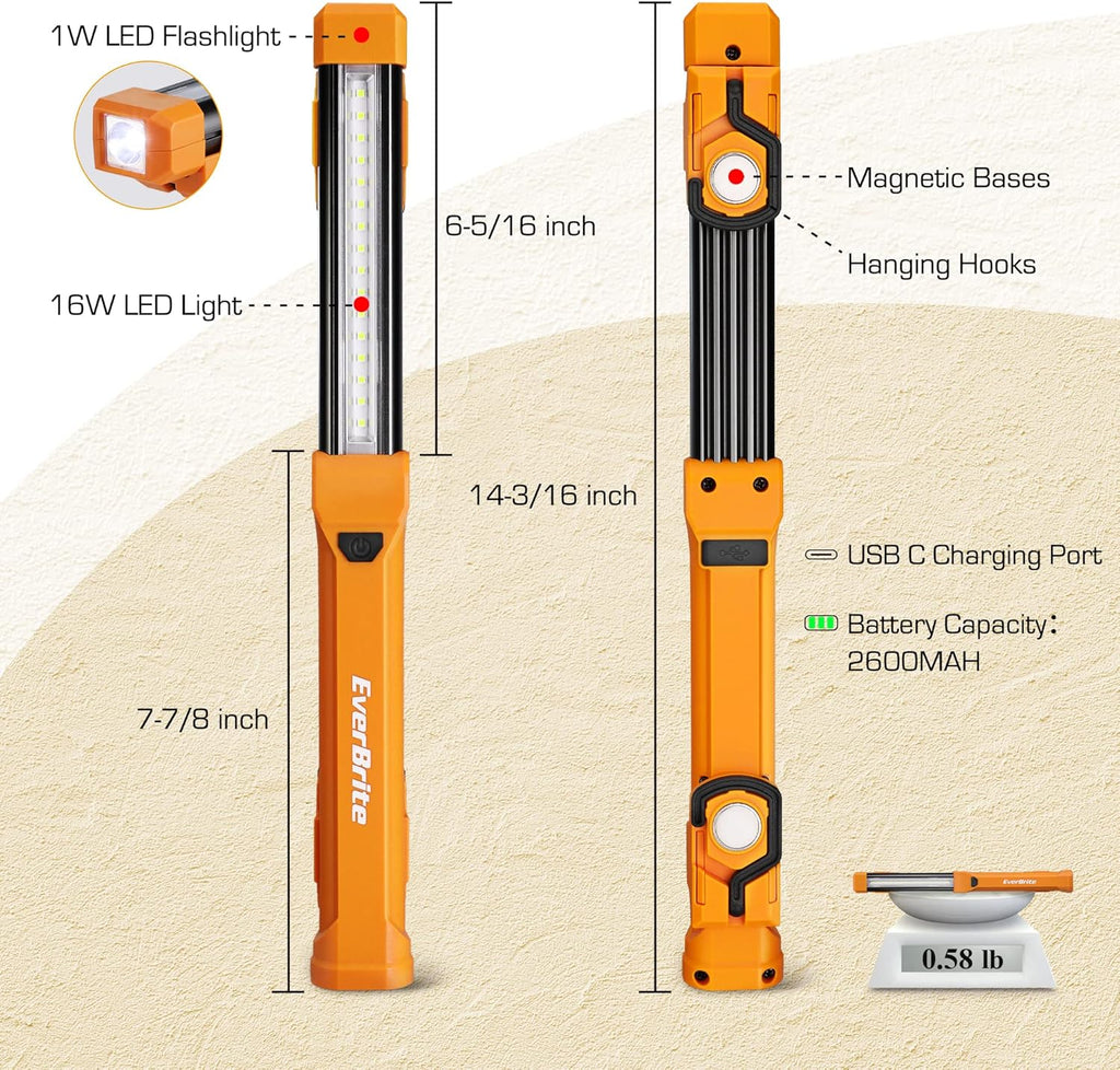 1000LM LED Work Light, Rechargeable Work Light for Mechanics with Dual Magnetic Bases&Hanging Hooks, 4 Lighting